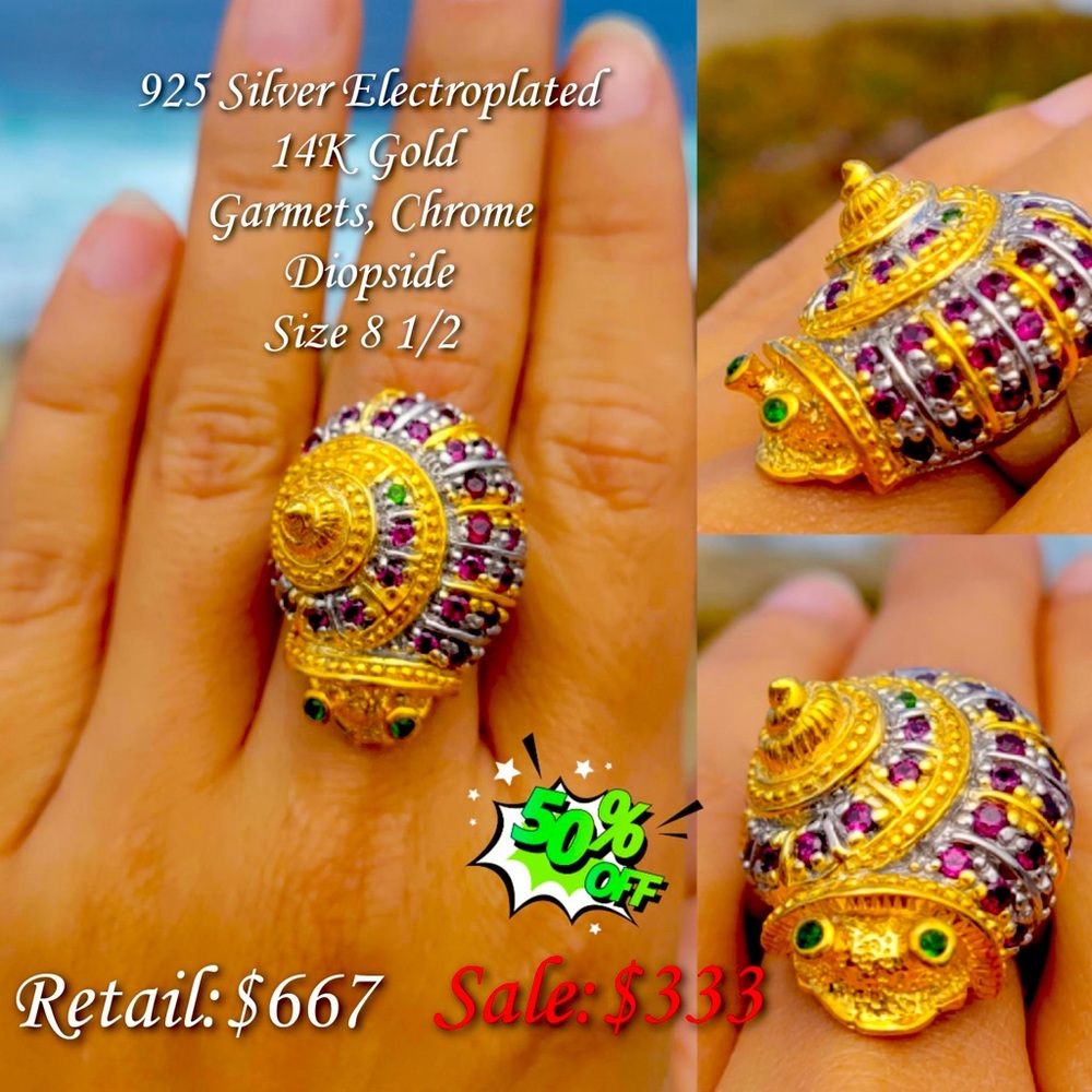 925 Sterling Silver Ring w/ Green & Red Garnets. Size 8.5